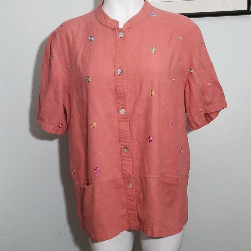 STEPHANIE THOMAS Womens Coral Short-Sleeve Embroidered Casual Button Shirt-Sz 18
